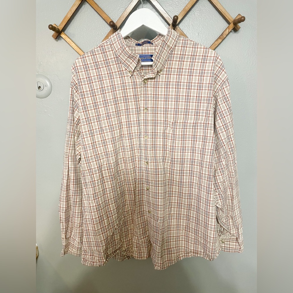Men’s XXL Pendleton broadway cloth cream orange red plaid button up